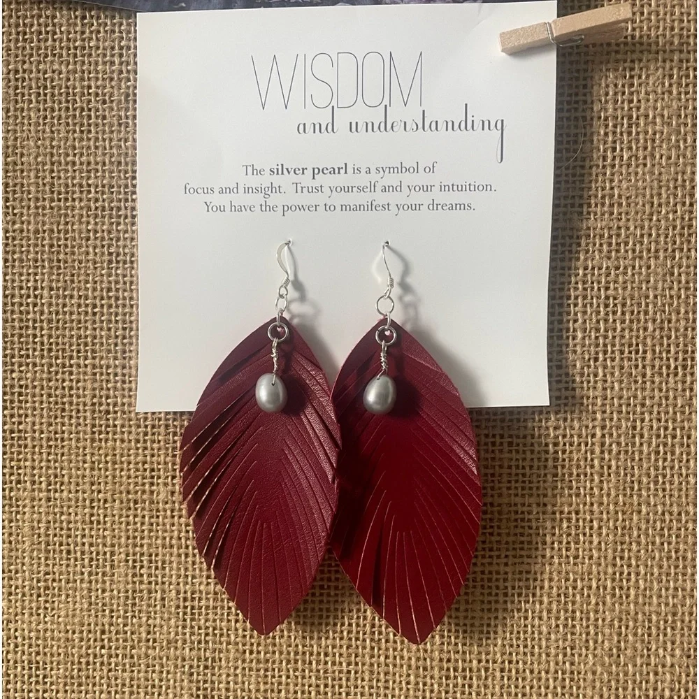 Red/Burgundy leather like feather earrings with silver fresh water pearl. - Picture 1 of 1